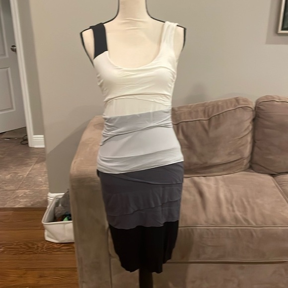 Bailey 44 Dresses & Skirts - EUC Bailey 44 Low Back Black White Gray Tiered Bodycon Dress size Small